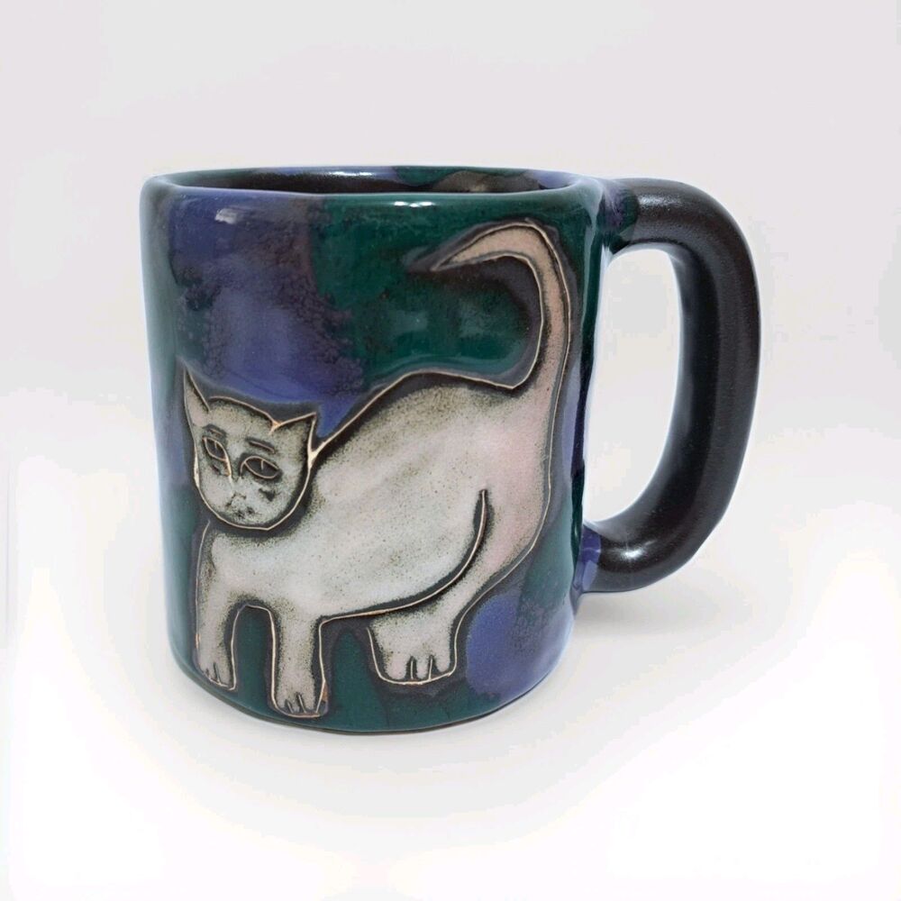 Mara Mug Mexico Artist Pottery Heavy Blue Green Cat Dog 16oz 4 inches Tall